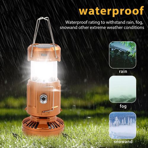 Foldable Electric Fan Camping Lamp Solar-Rechargeable-Battery Powered 1500mAh Camping Lantern Fan Waterproof for Outdoor Hiking