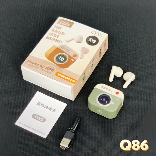 Q86 Retro Camera Leather Grain Design Wireless Earbuds Semi-In-Ear Earphones With Screen Digital Display and Gaming Low Latency