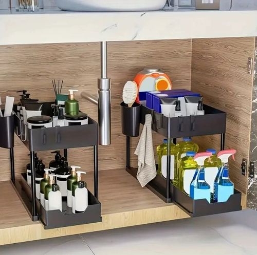 Kitchen Bathroom Under Sliding Cabinet Basket Organizer 2 Tier Under Sink Organizer With Hooks Hanging Cup and Chopstick Holders