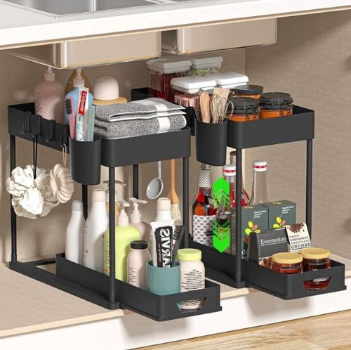 Kitchen Bathroom Under Sliding Cabinet Basket Organizer 2 Tier Under Sink Organizer With Hooks Hanging Cup and Chopstick Holders
