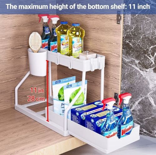 Kitchen Bathroom Under Sliding Cabinet Basket Organizer 2 Tier Under Sink Organizer With Hooks Hanging Cup and Chopstick Holders