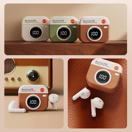 Q86 Retro Camera Leather Grain Design Wireless Earbuds Semi-In-Ear Earphones With Screen Digital Display and Gaming Low Latency