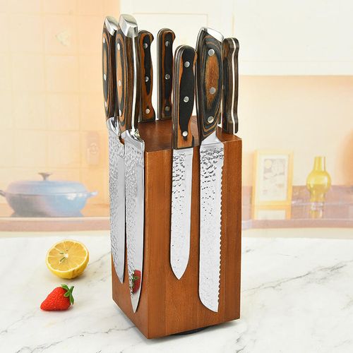 BSTW Magnetic Wooden Kitchen Knife Set Rotating Stand Block Roll Bags Eco-Friendly 10-Piece Capacity for Home Restaurant Use