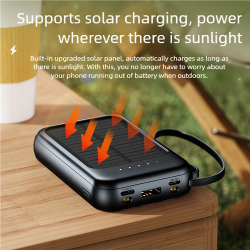 Logo Custom 20000mAh Solar Power Bank with 4 Built-in Cables, Fast Charging PD and QC,LED Flashlight, for Outdoor Camping Hiking