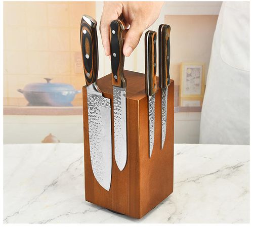 BSTW Magnetic Wooden Kitchen Knife Set Rotating Stand Block Roll Bags Eco-Friendly 10-Piece Capacity for Home Restaurant Use