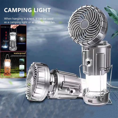 Foldable Electric Fan Camping Lamp Solar-Rechargeable-Battery Powered 1500mAh Camping Lantern Fan Waterproof for Outdoor Hiking