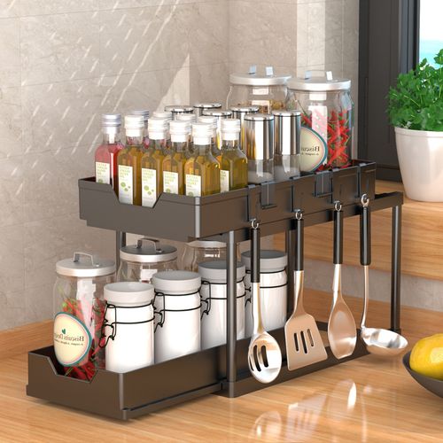 Kitchen Bathroom Under Sliding Cabinet Basket Organizer 2 Tier Under Sink Organizer With Hooks Hanging Cup and Chopstick Holders