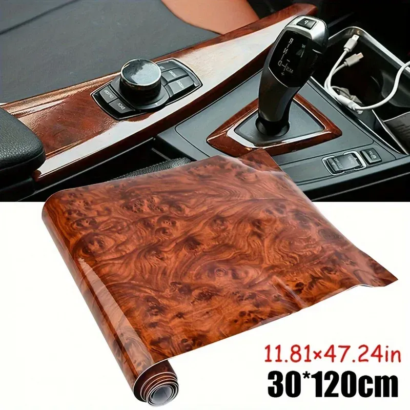 ملصق فينيل لتغليف داخلية السيارة بنقشة خشب البرل  (Burl Wood)، مقاس 30×120 سم، بلمسة نهائية لامعة وملمس خشبي، مخصص للوحة القيادة والكونسول الوسطي.