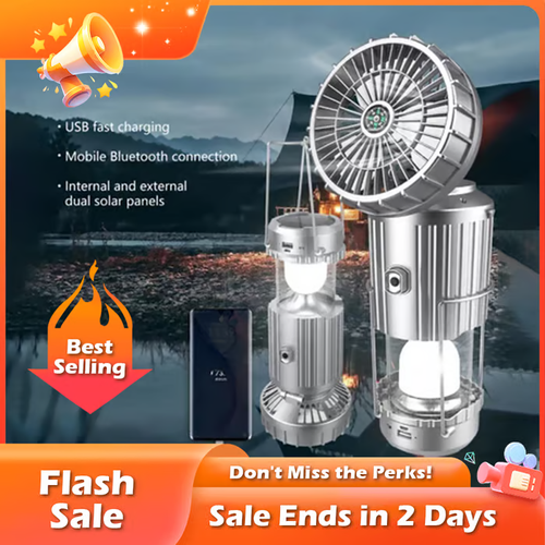 🏆Flash Sale⚡ Over 50,000 sold! Selling out soon - 💥🔥5-in-1 Portable LED Solar Camping Lantern with Fan