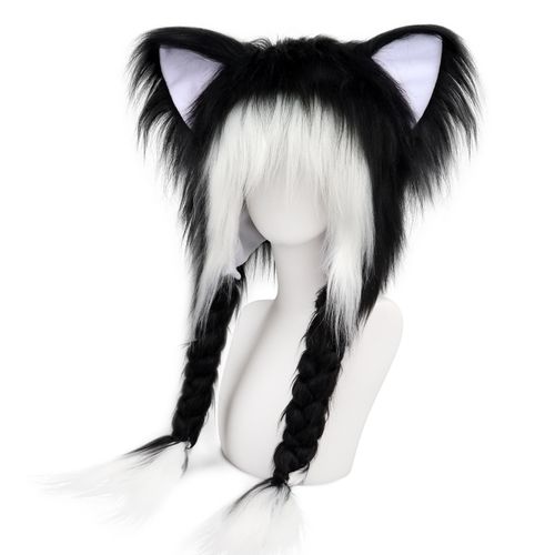 Black and White Cat Ear Wig with Braided Ponytails - Furry Cosplay Costume Hair Accessory for Anime Neko Roleplay