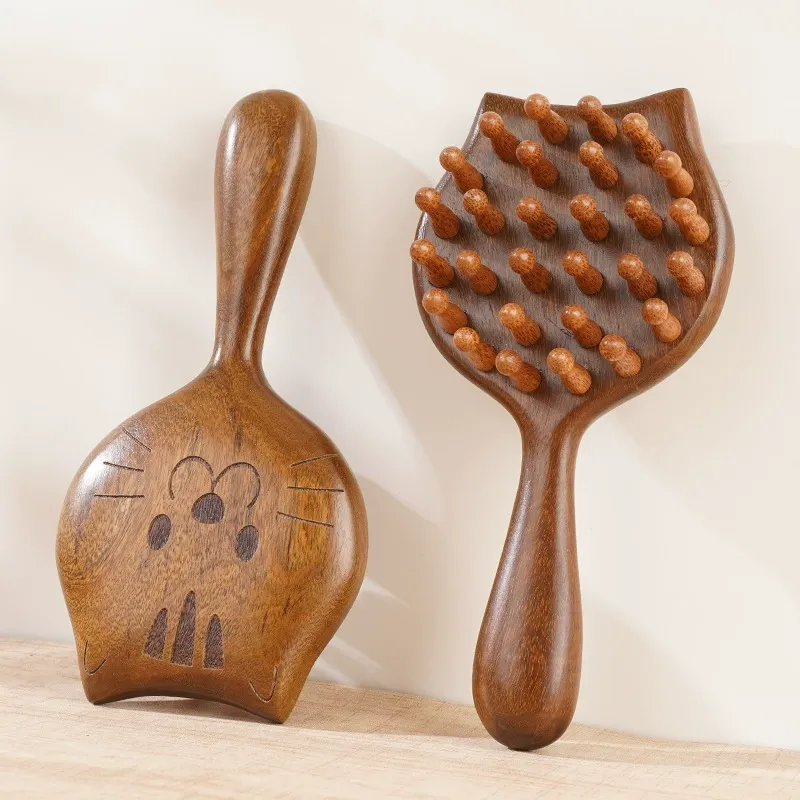 Natural Sandalwood Cat Massage Comb - Anti-Static Scalp Massager & Hairbrush