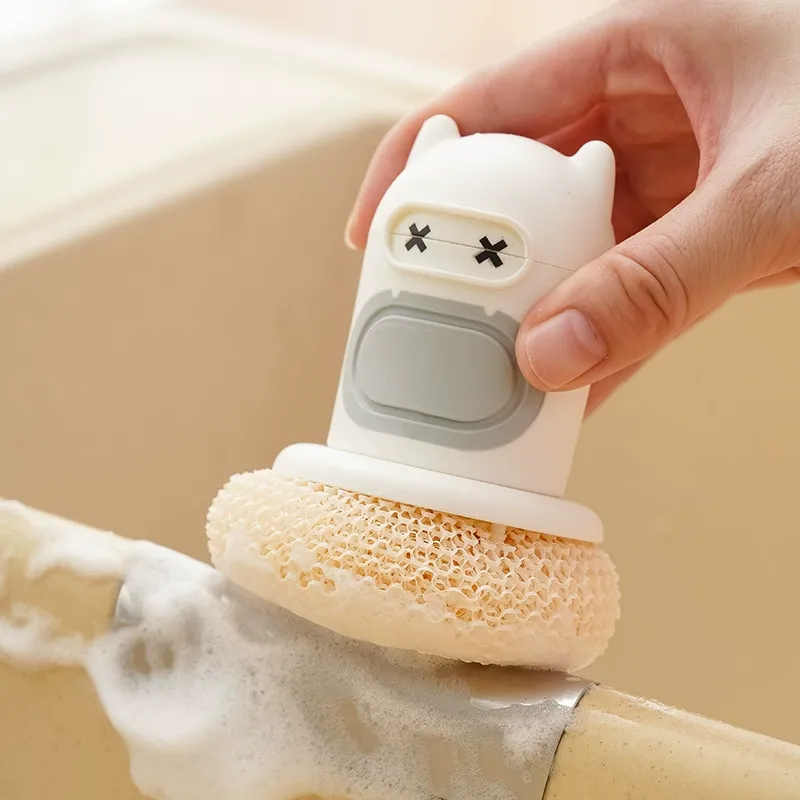 Cute Little Monster Dish Brush with Holder - Novel Design Comfort Grip Scrubber for Kitchen Cleaning (Reusable Sponge Head)