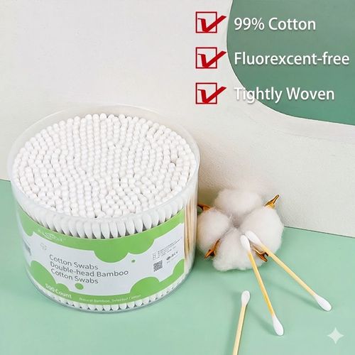 500 Count Bamboo Cotton Swabs - 99% Pure Cotton, Double-Headed, Fluorescent-Free, Tightly Woven for Daily Care