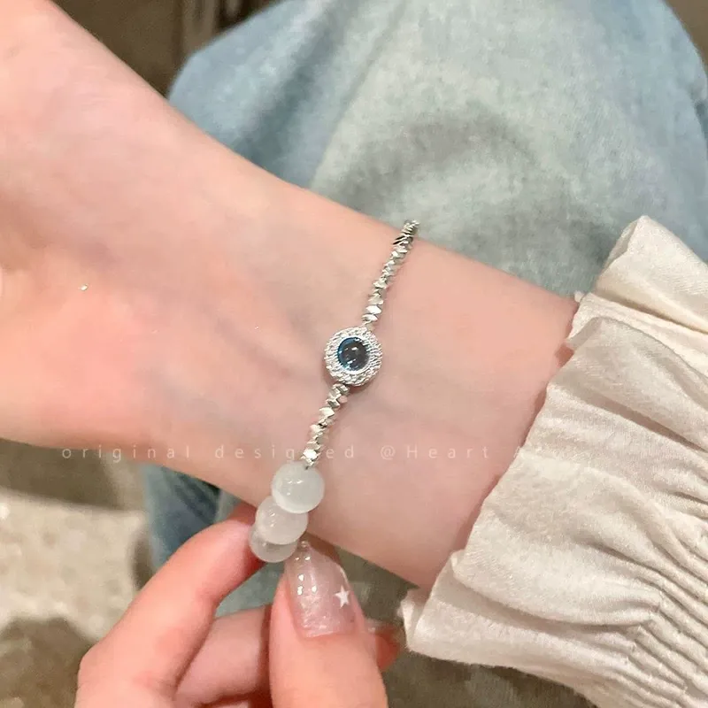 Opal Cat's Eye Beaded Bracelet with Zircon Accent - Silver Plated Adjustable Double Layer Chain for Women