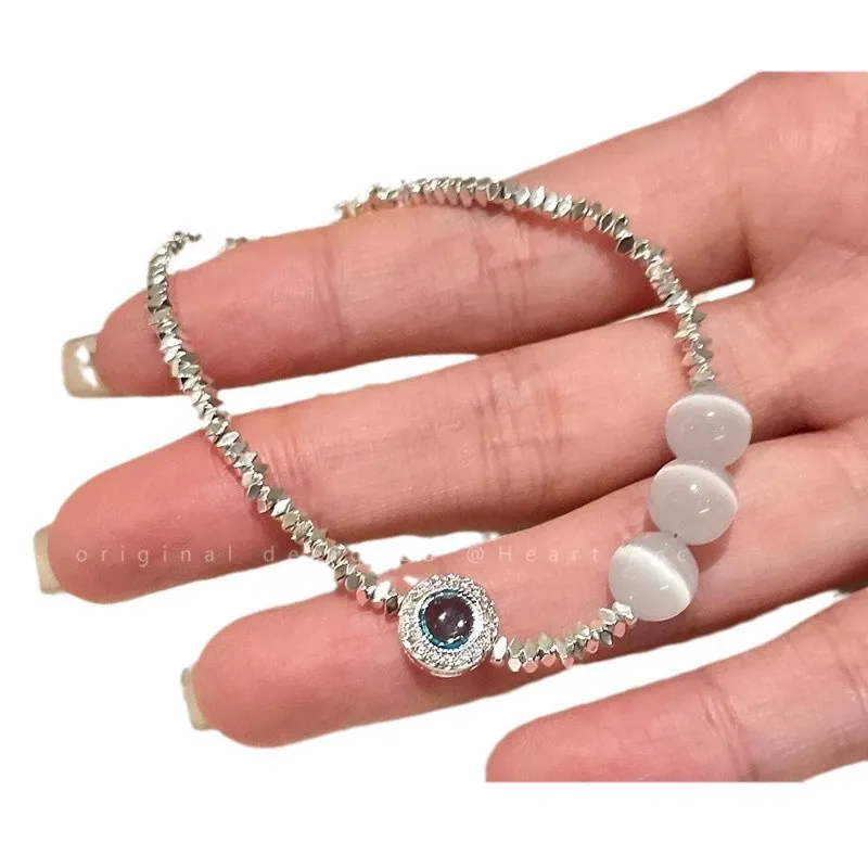 Opal Cat's Eye Beaded Bracelet with Zircon Accent - Silver Plated Adjustable Double Layer Chain for Women