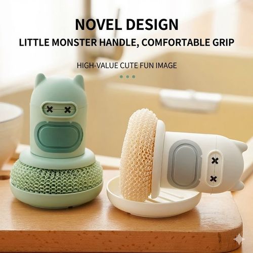 Cute Little Monster Dish Brush with Holder - Novel Design Comfort Grip Scrubber for Kitchen Cleaning (Reusable Sponge Head)