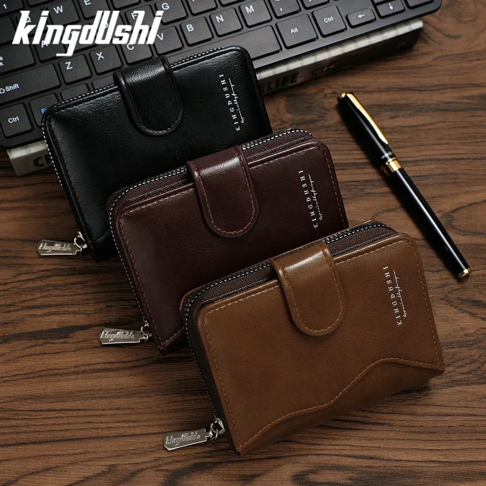 KINGDUSHI Brown Leather Bifold Wallet - Men's Compact Zipper Card Holder with Snap Closure