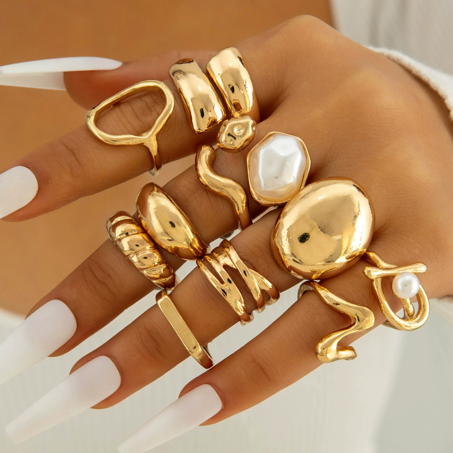Minimalist Gold Ring Set for Women - 12 Pcs Stackable Open Rings with Faux Pearl, Adjustable for Daily & Party Wear