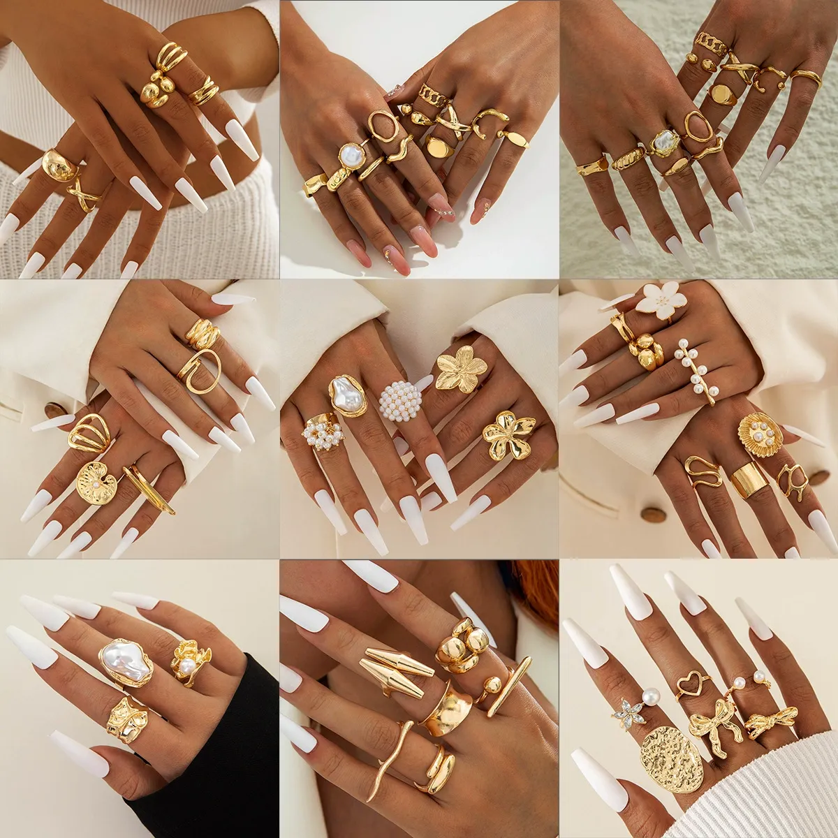 Minimalist Gold Ring Set for Women - 12 Pcs Stackable Open Rings with Faux Pearl, Adjustable for Daily & Party Wear