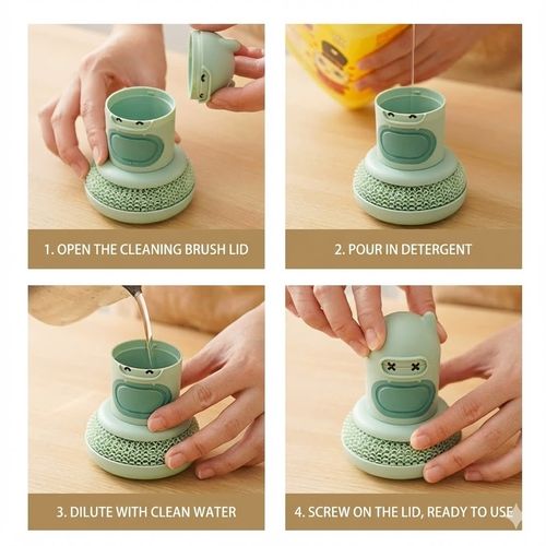 Cute Little Monster Dish Brush with Holder - Novel Design Comfort Grip Scrubber for Kitchen Cleaning (Reusable Sponge Head)