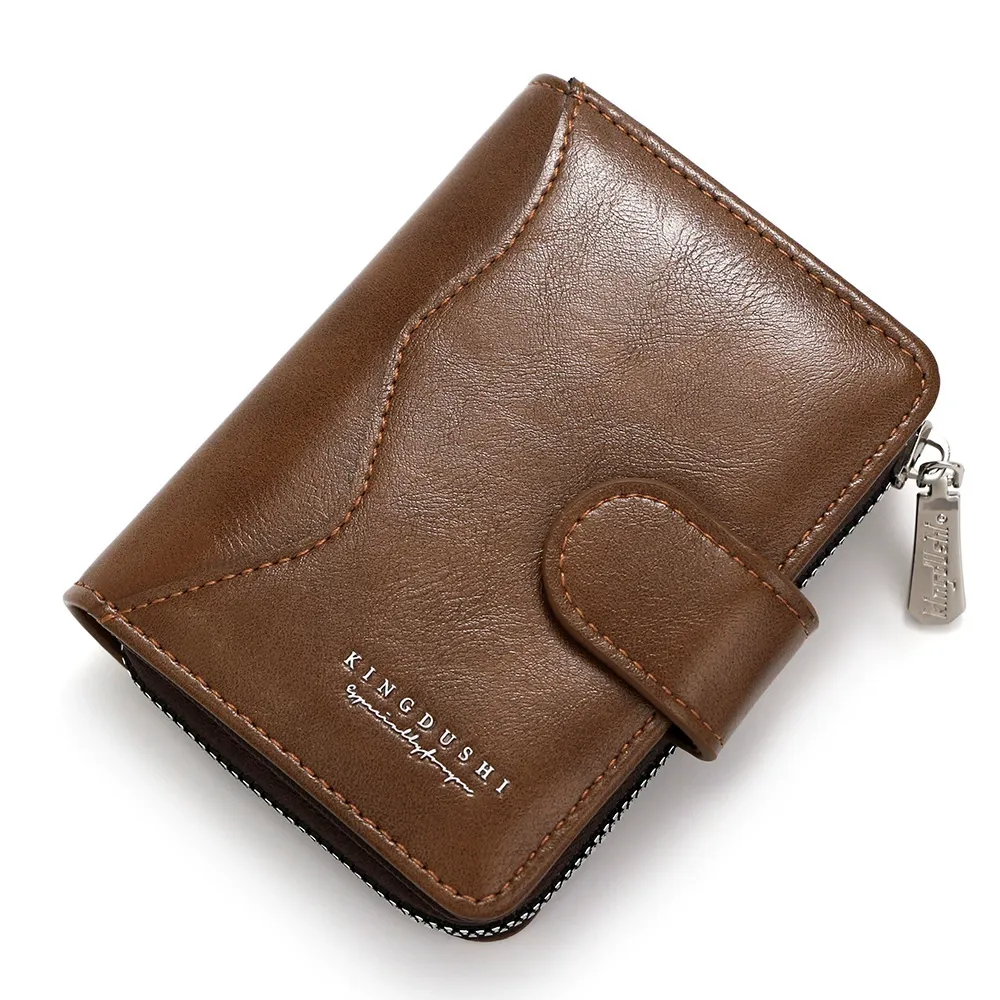 KINGDUSHI Brown Leather Bifold Wallet - Men's Compact Zipper Card Holder with Snap Closure
