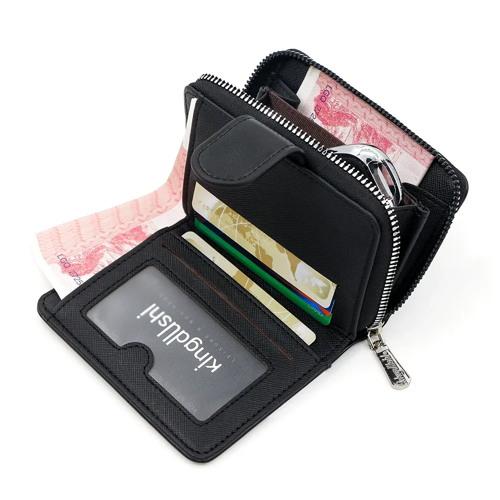 KINGDUSHI Brown Leather Bifold Wallet - Men's Compact Zipper Card Holder with Snap Closure