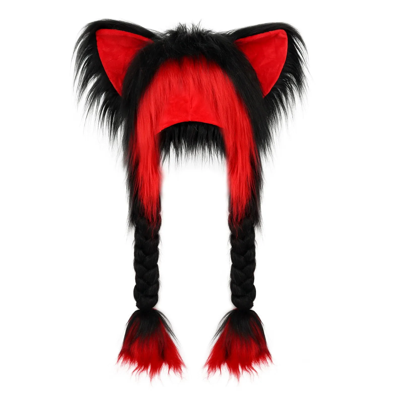 Black and White Cat Ear Wig with Braided Ponytails - Furry Cosplay Costume Hair Accessory for Anime Neko Roleplay