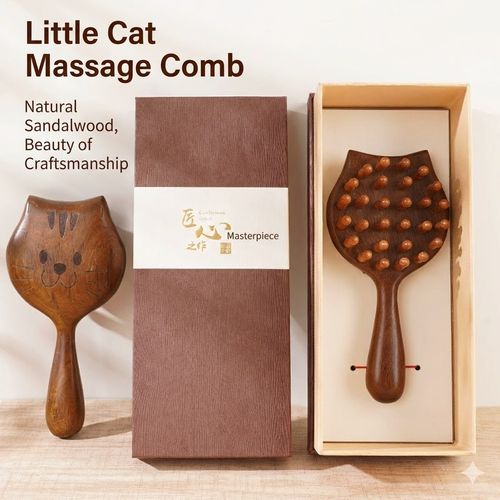Natural Sandalwood Cat Massage Comb - Anti-Static Scalp Massager & Hairbrush