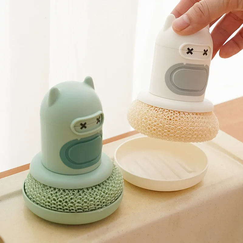 Cute Little Monster Dish Brush with Holder - Novel Design Comfort Grip Scrubber for Kitchen Cleaning (Reusable Sponge Head)