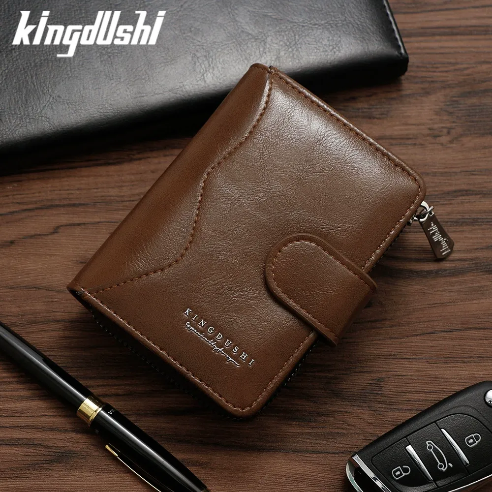 KINGDUSHI Brown Leather Bifold Wallet - Men's Compact Zipper Card Holder with Snap Closure