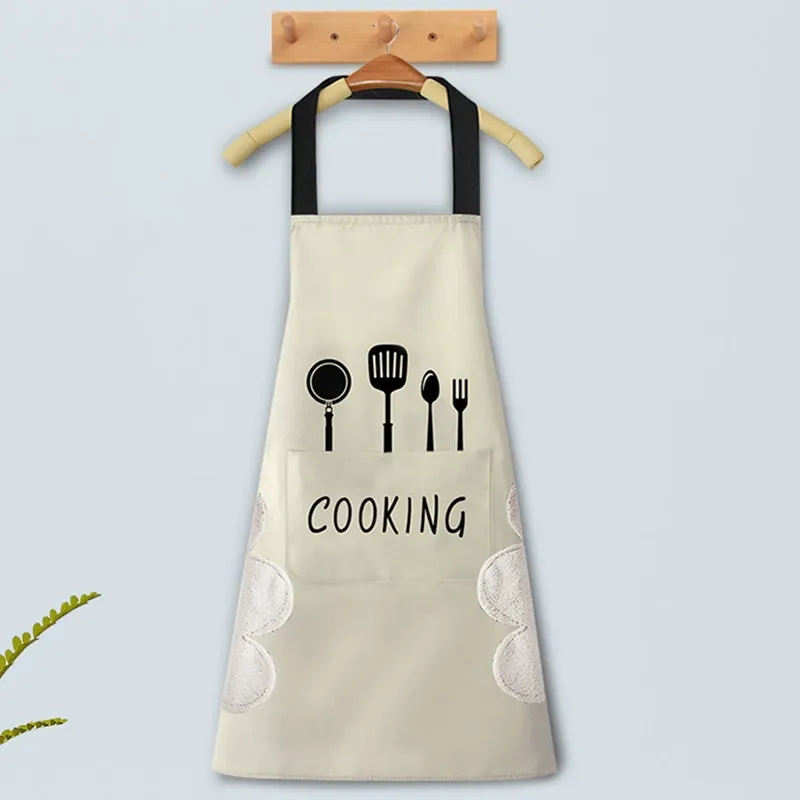 Waterproof Kitchen Apron with Hand Wipe Pockets - Cooking Themed Oil-Proof Apron for Home & Baking