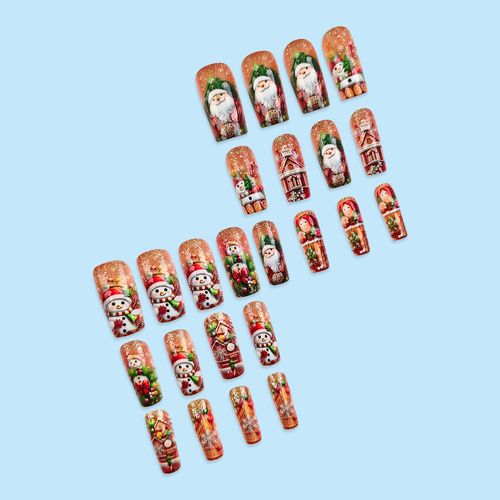 24pcs 3D Christmas Theme Embossed Snowman Nail Designs Art Decoration Wearable Fake Nail Stickers Christmas Nail Pieces