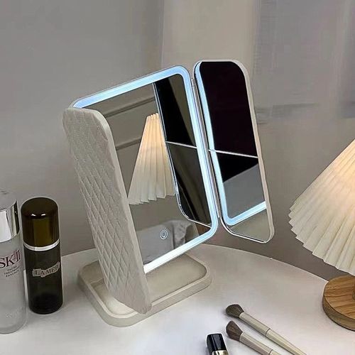 USB LED Portable Desktop Cosmetic Mirror Three Sides Folding and Touch Screen Vanity Mirror with Magnifying Glass
