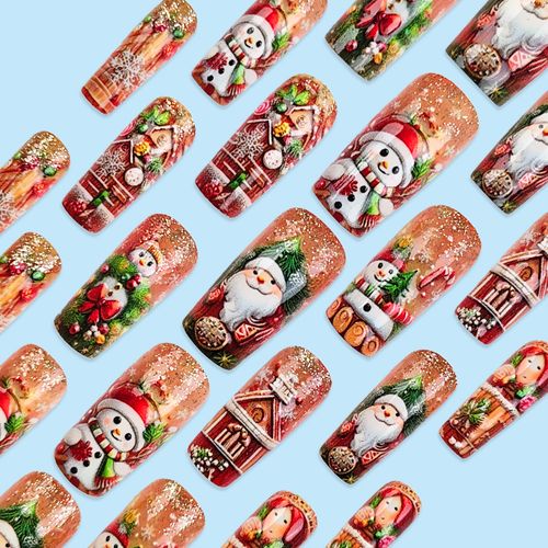 24pcs 3D Christmas Theme Embossed Snowman Nail Designs Art Decoration Wearable Fake Nail Stickers Christmas Nail Pieces