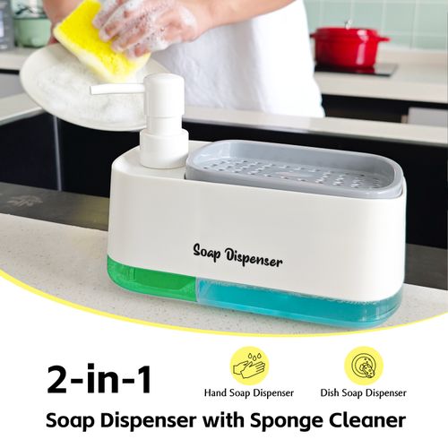 2-in-1 Plastic Double Soap Dispenser Hand Sponge Holder Dish Wash Box for Home Hotel Bathroom Kitchen Use Bath
