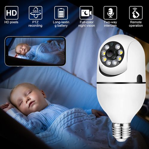 Ultra-low price outdoor two-way wireless light bulb camera with motion detection and 360-degree panoramic WiFi connectivity.