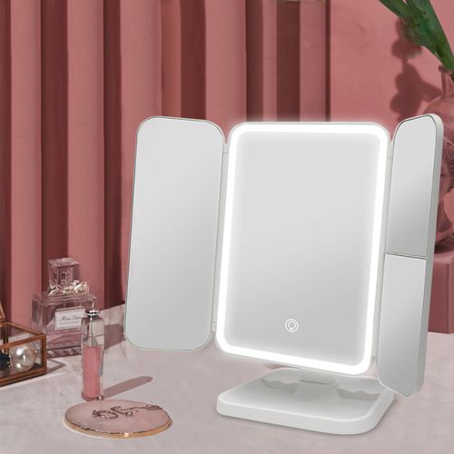 USB LED Portable Desktop Cosmetic Mirror Three Sides Folding and Touch Screen Vanity Mirror with Magnifying Glass