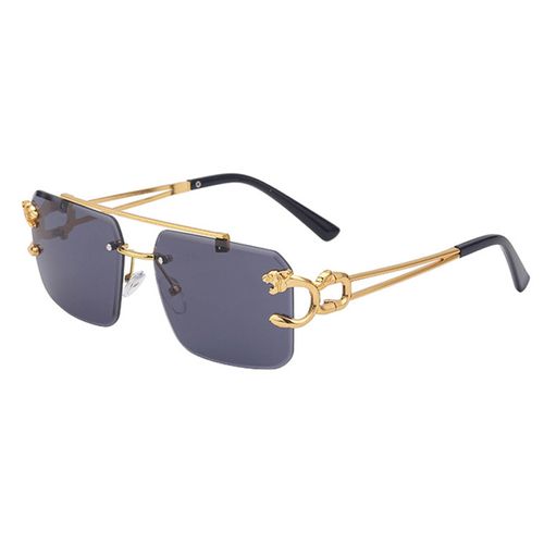 Women's Retro Metal Sunglasses with Gradient Blue Lens Rimless Rectangle Frame Leopard Accent
