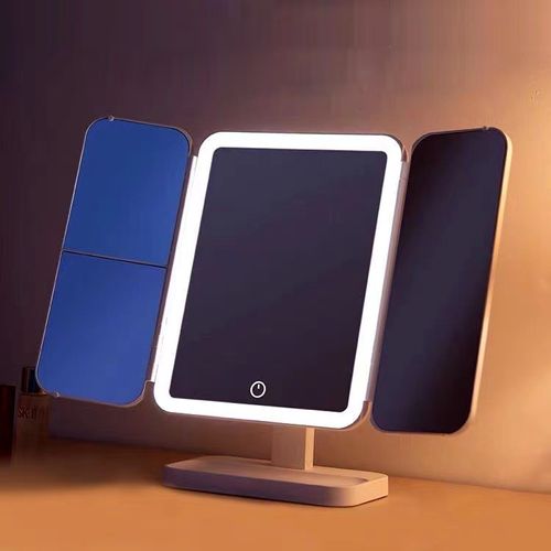 USB LED Portable Desktop Cosmetic Mirror Three Sides Folding and Touch Screen Vanity Mirror with Magnifying Glass