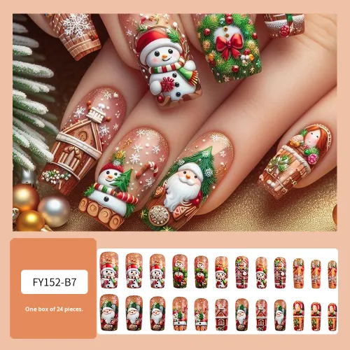 24pcs 3D Christmas Theme Embossed Snowman Nail Designs Art Decoration Wearable Fake Nail Stickers Christmas Nail Pieces