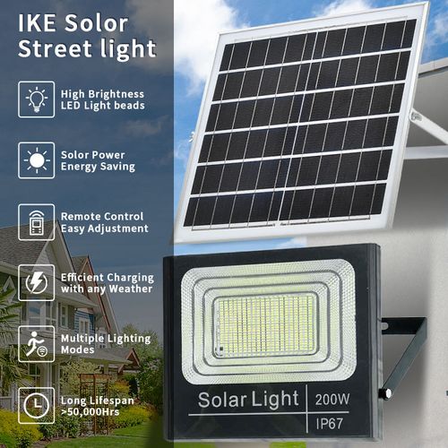 Outdoor energy-saving 40W-200W solar LED floodlight, waterproof IP66, motion sensor, aluminum body for residential security.