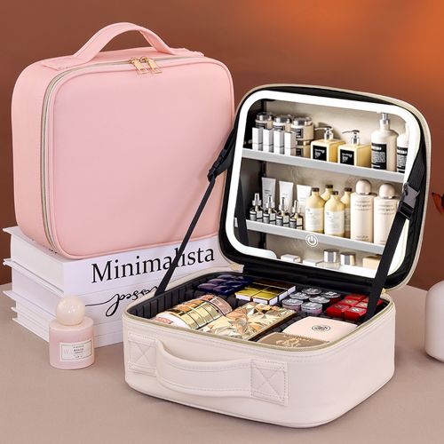 Travel Bags Box Led Light Large Capacity Makeup Case Storage Bag Waterproof PU Cosmetic Case with Led Lights and Mirror
