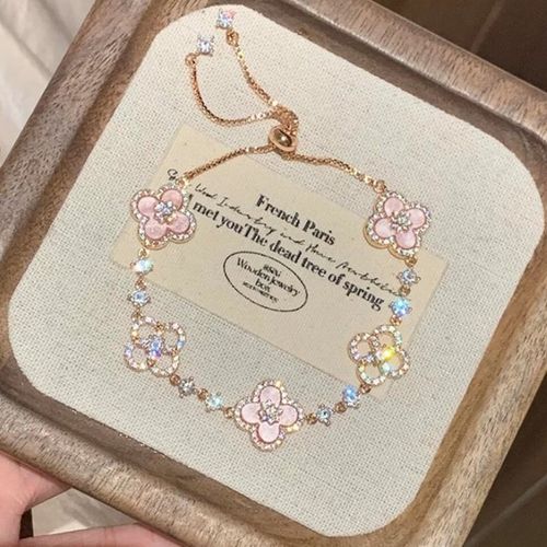 Sweet Sakura High-End Luxury Four-leaf Clover for Bracelet Micro-Infused Zircon Hollow Middle Pink Fritillary Fashion Bracelet