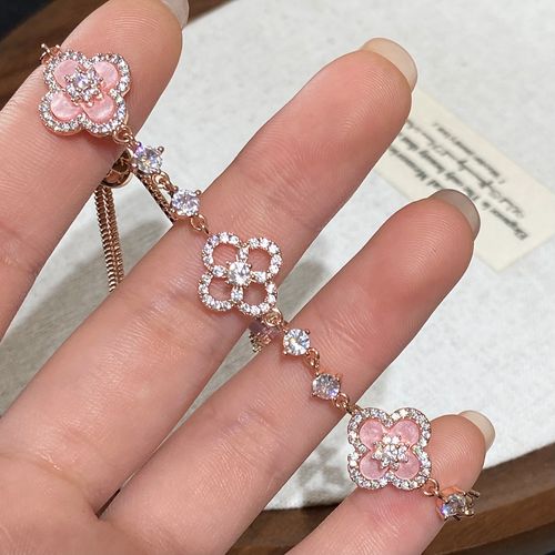 Sweet Sakura High-End Luxury Four-leaf Clover for Bracelet Micro-Infused Zircon Hollow Middle Pink Fritillary Fashion Bracelet