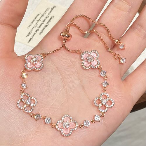 Sweet Sakura High-End Luxury Four-leaf Clover for Bracelet Micro-Infused Zircon Hollow Middle Pink Fritillary Fashion Bracelet