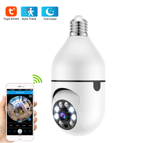 Ultra-low price outdoor two-way wireless light bulb camera with motion detection and 360-degree panoramic WiFi connectivity.