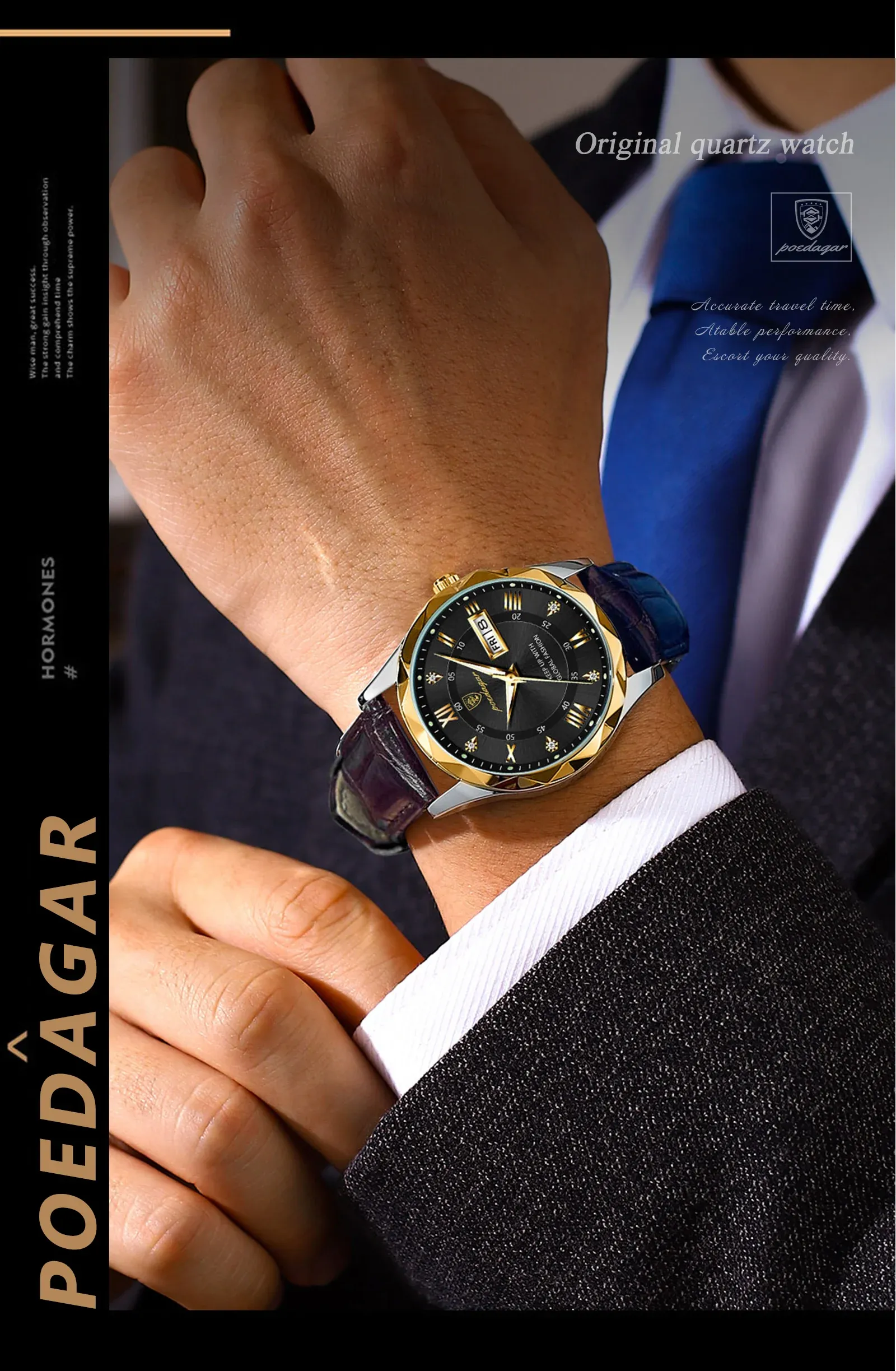 Men's Watch — Water-Resistant, Luminous, Date and Day Display, Quartz Movement, Genuine Leather Strap