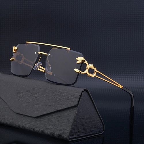 Women's Retro Metal Sunglasses with Gradient Blue Lens Rimless Rectangle Frame Leopard Accent