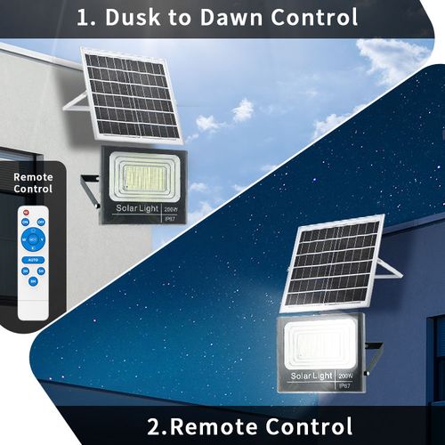 Outdoor energy-saving 40W-200W solar LED floodlight, waterproof IP66, motion sensor, aluminum body for residential security.