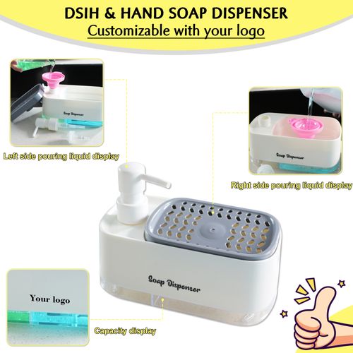 2-in-1 Plastic Double Soap Dispenser Hand Sponge Holder Dish Wash Box for Home Hotel Bathroom Kitchen Use Bath